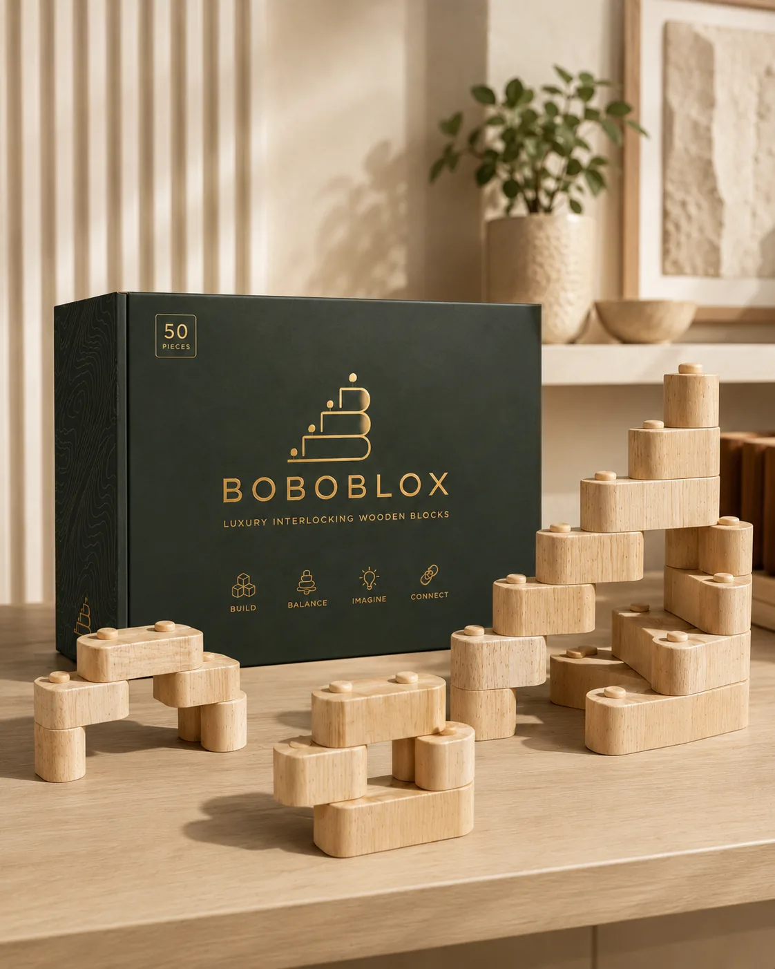 Closed BoboBlox box with wooden block builds arranged in front