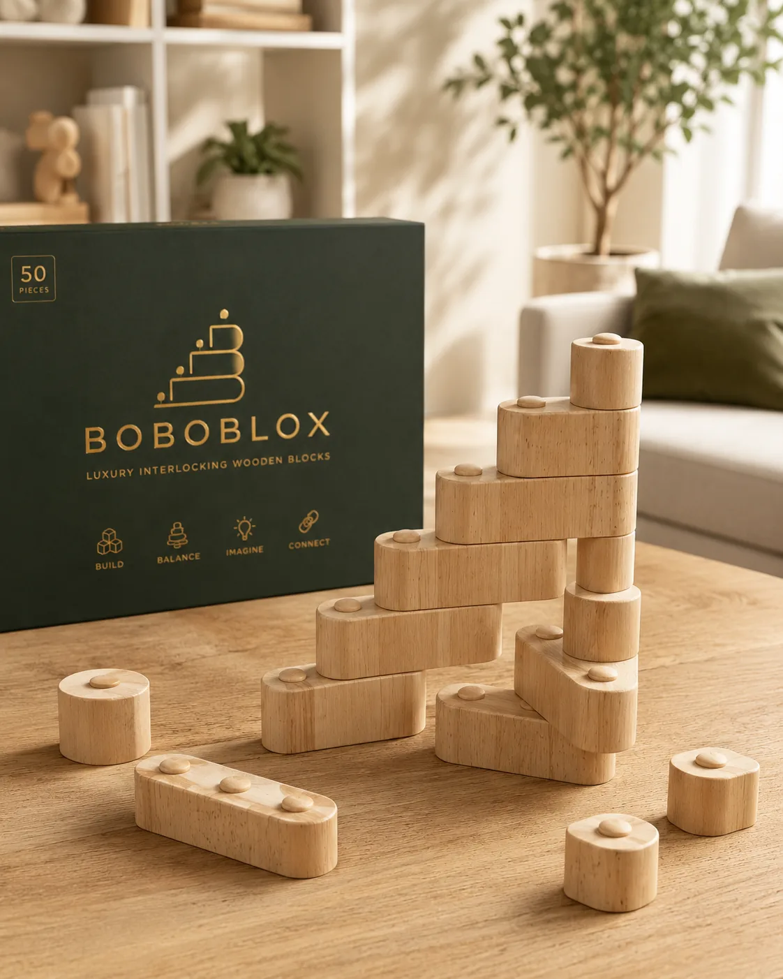 BoboBlox wooden blocks arranged beside the premium gift box in a warm playroom