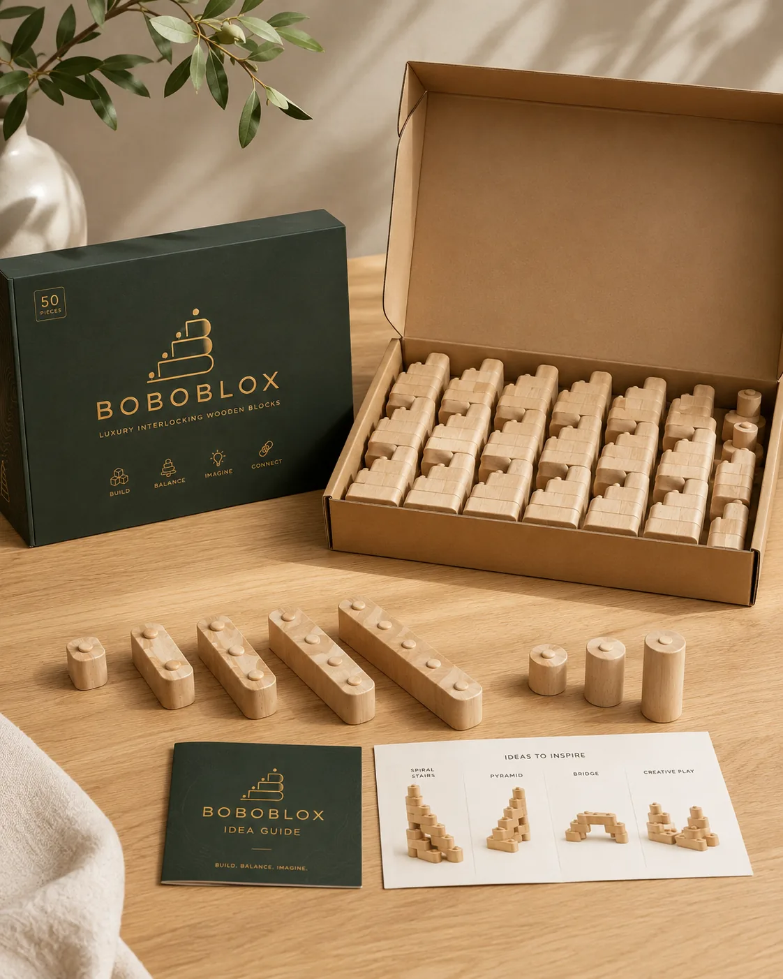 Open BoboBlox box showing the 50-piece wooden building set, idea guide, and piece lengths