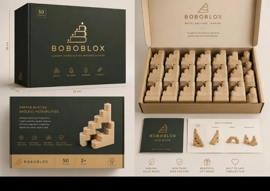BoboBlox packaging concept showing the boxed set and idea guide