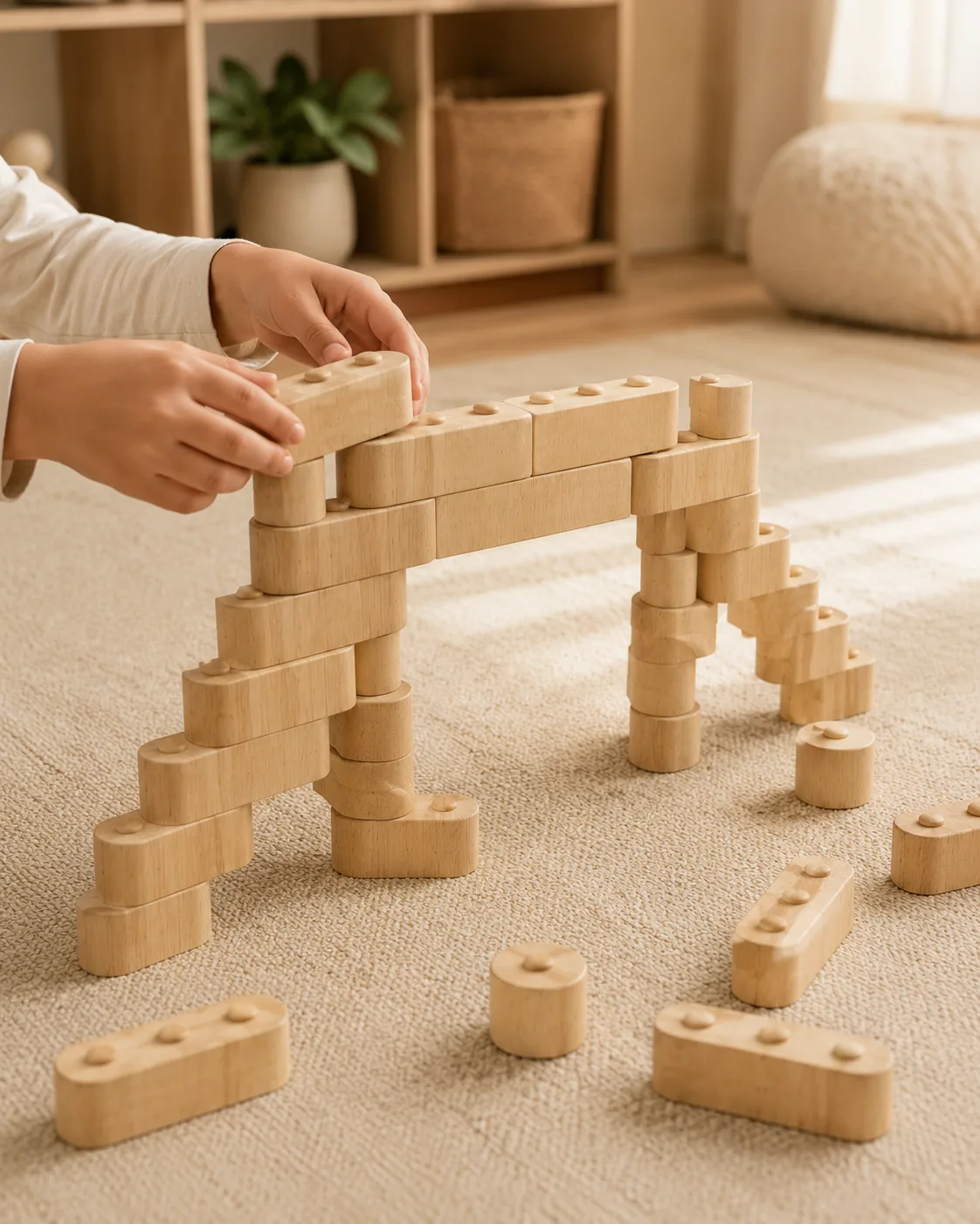A child’s hands building a bridge with BoboBlox wooden blocks on a soft rug