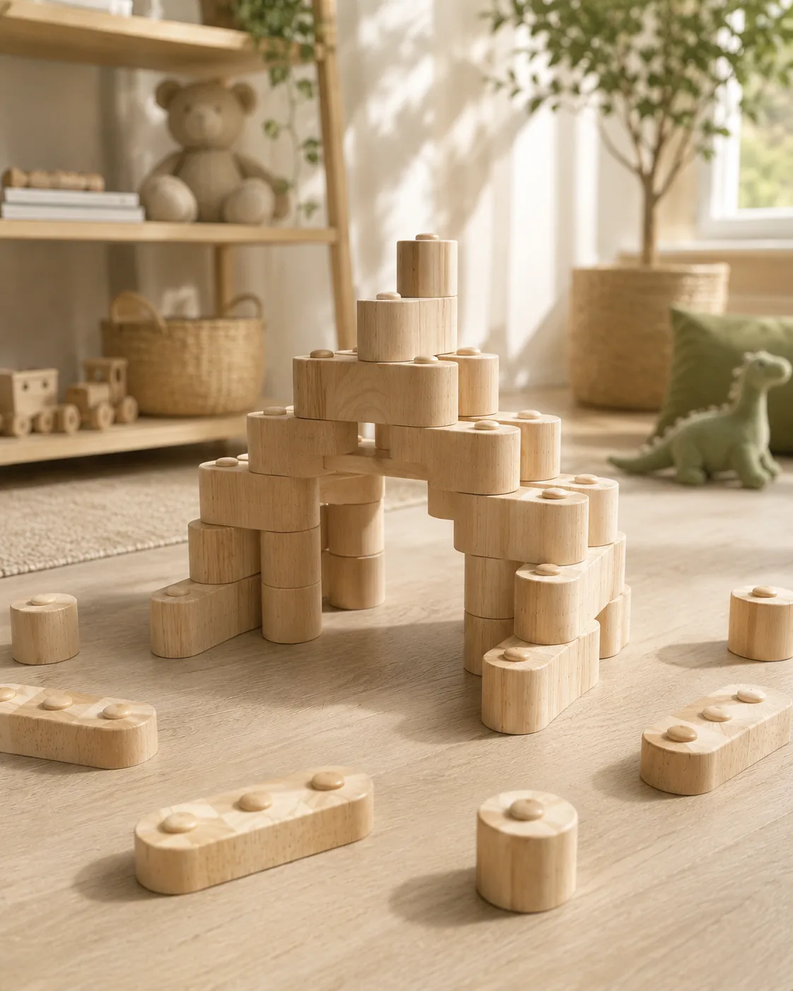 BoboBlox blocks built into an imaginative arch and tower structure in a cozy playroom